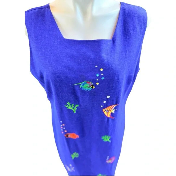 Cobalt Blue Linen Blend Fish Embroidered Shift Dress Coastal 16P - Picture 10 of 11